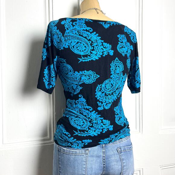 Inc short sleeve black and blue paisley print top with high cowl neckline - Picture 6 of 6